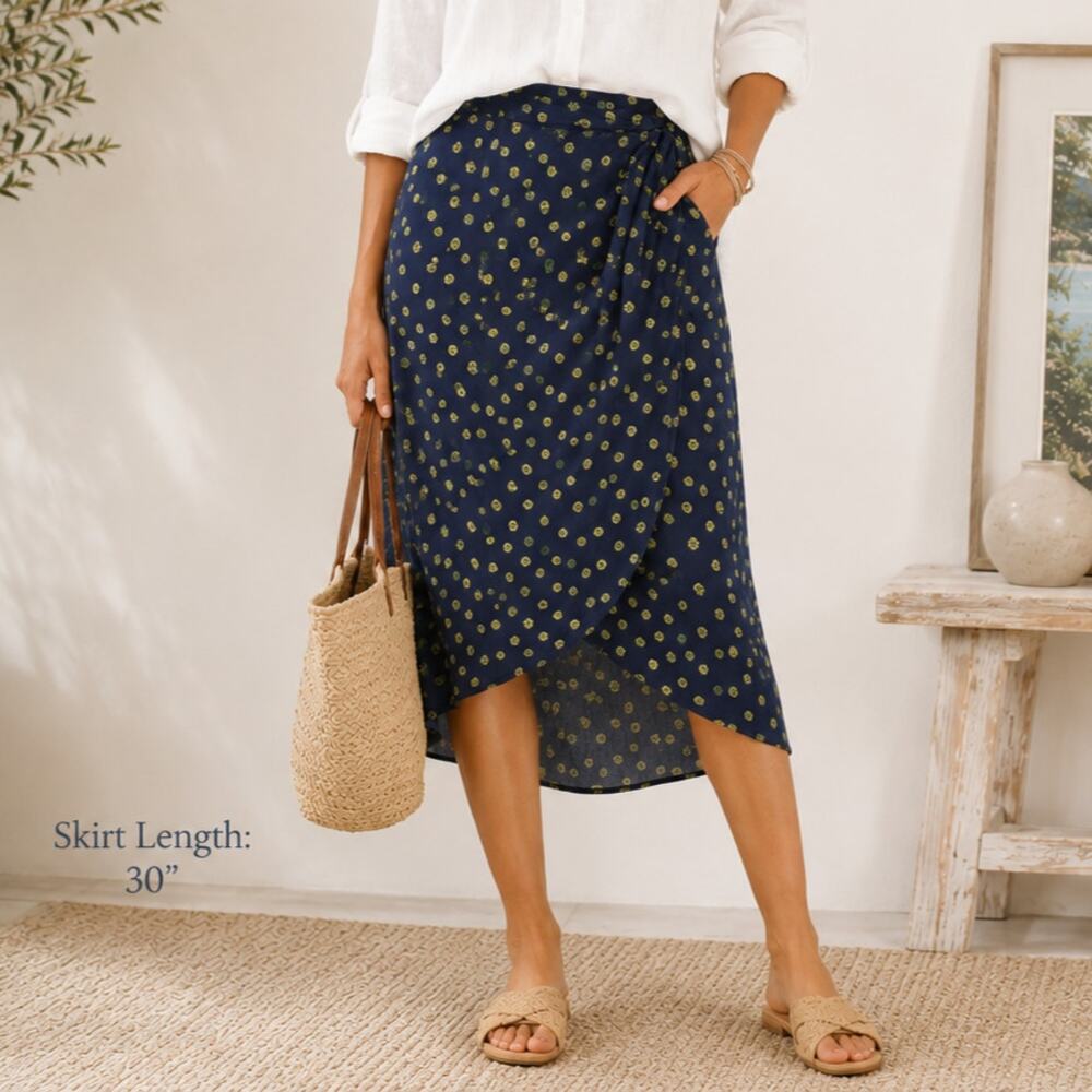 J. Crew Pull-On Wrap Skirt Women's Size M NWOT Navy Yellow Floral Boho Cottage